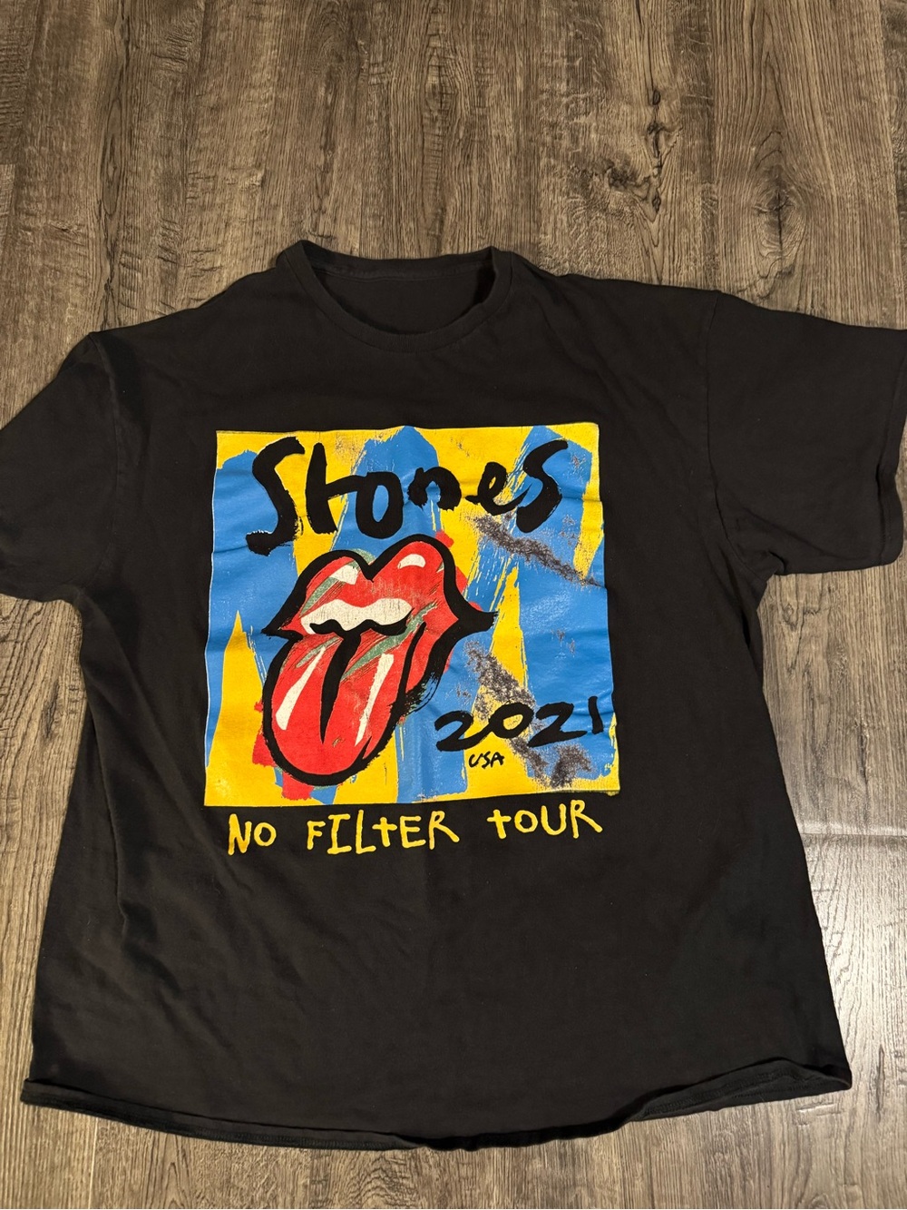 The Rolling Stones Black Tee with Red Tongue and Yellow/Blue Artwork XL